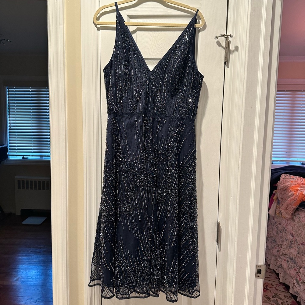 Dress the Population Blue Sequin Midi Dress Sleeveless V-Neck - Picture 3 of 3